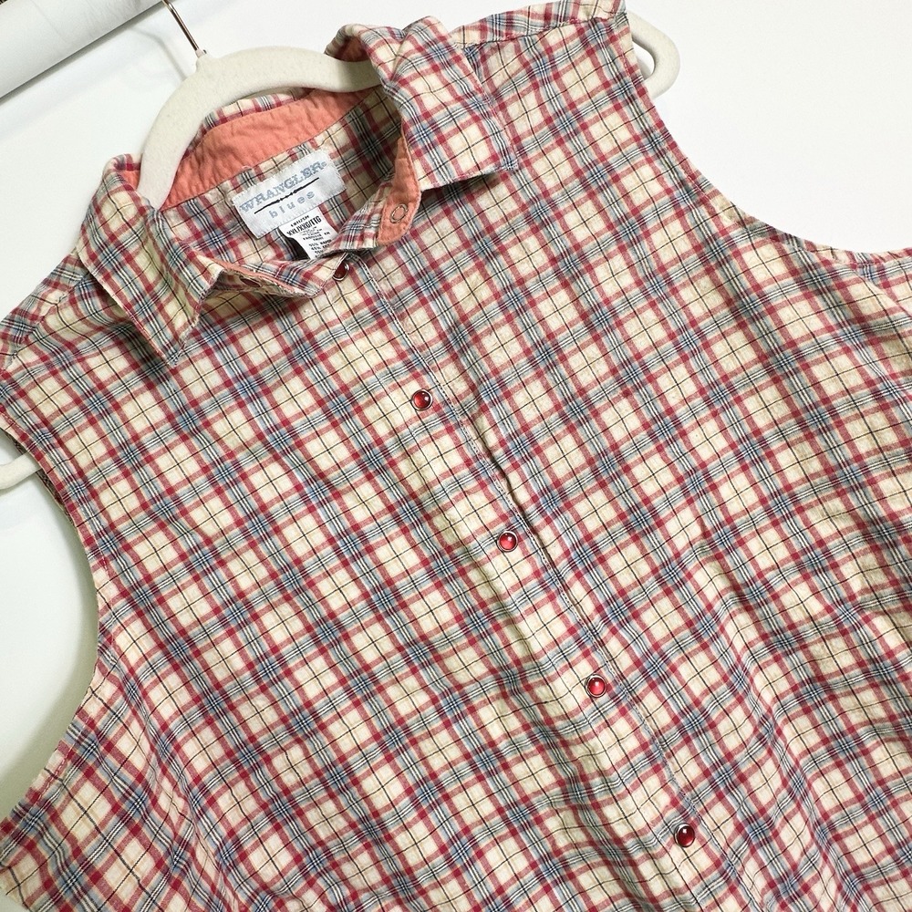 Y2K Wrangler Plaid Sleeveless Red Pearl Snap Front Shirt Womens Size 2XL Vintage